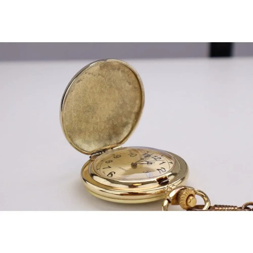 Milan Motorcycle Pocket Watch Quartz Gold Tone Hunter Case Chain Untested